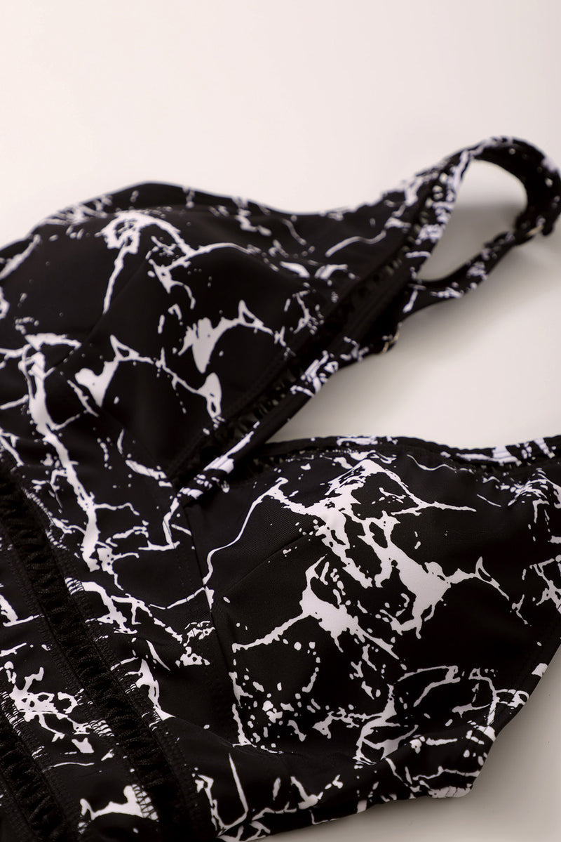 Black Abstract Print Lattice Plunge One Piece Swimsuit
