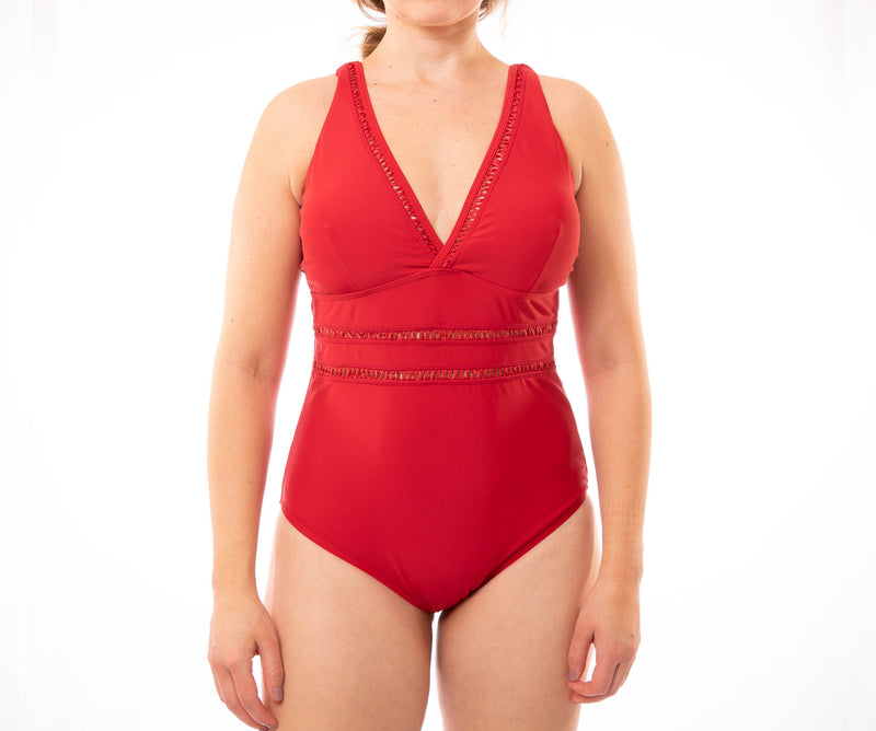 Red Lattice Plunge One Piece Swimsuit